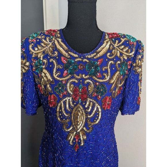 Vintage 80's Scala Royal Cobalt Blue Beaded Silk Cocktail Dress - PL - Picture 2 of 14
